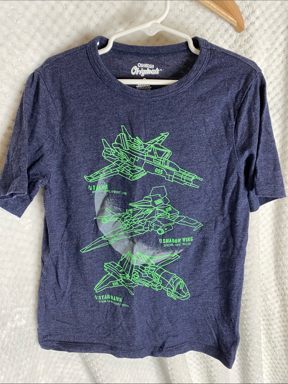 OshKosh originals Navy t shirt with Neon Green Fighter Jet Graphics